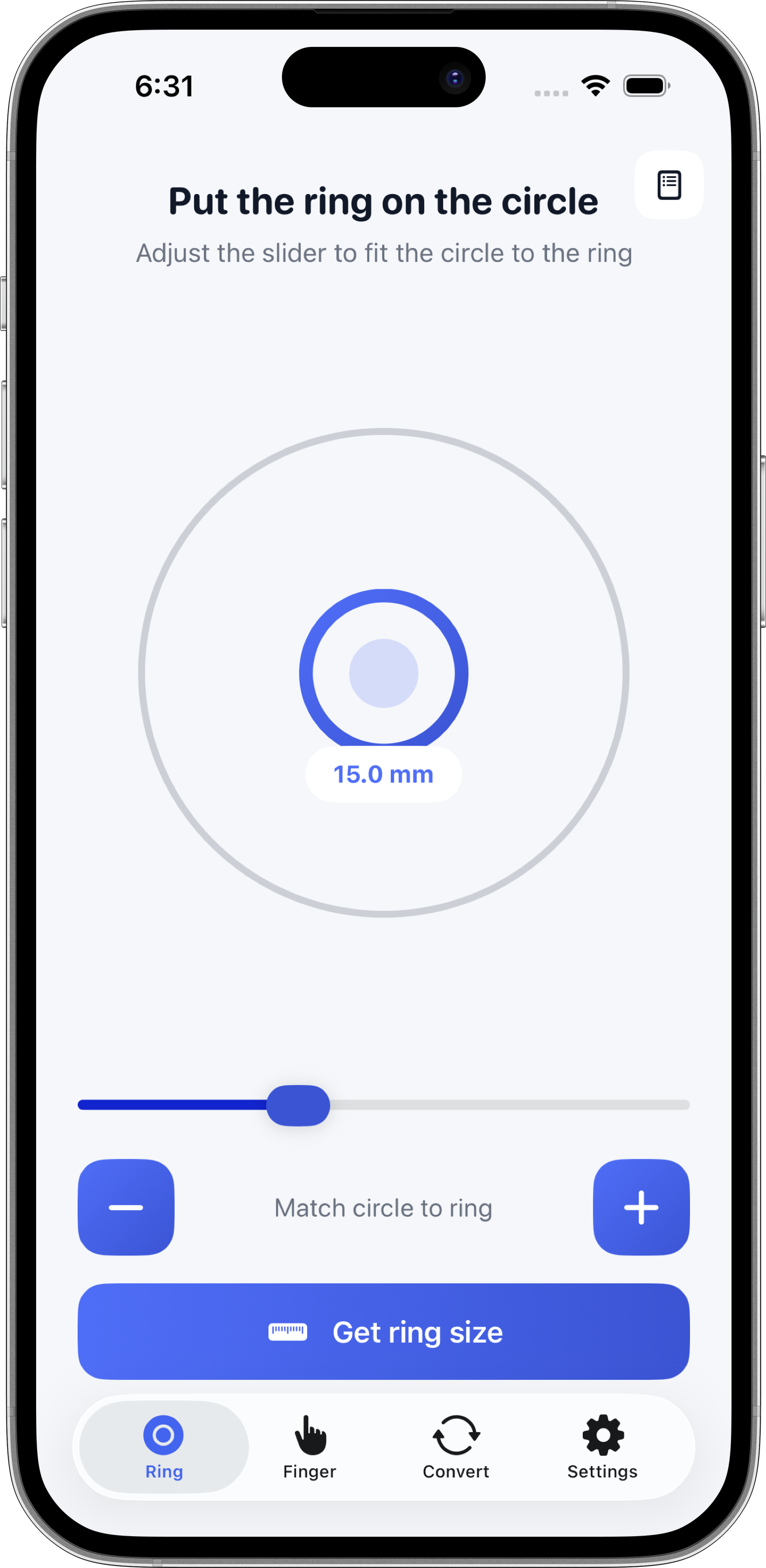 Aperçu de l'application Ring Sizer