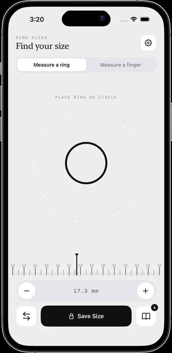 Ring Sizer app ring measurement screen