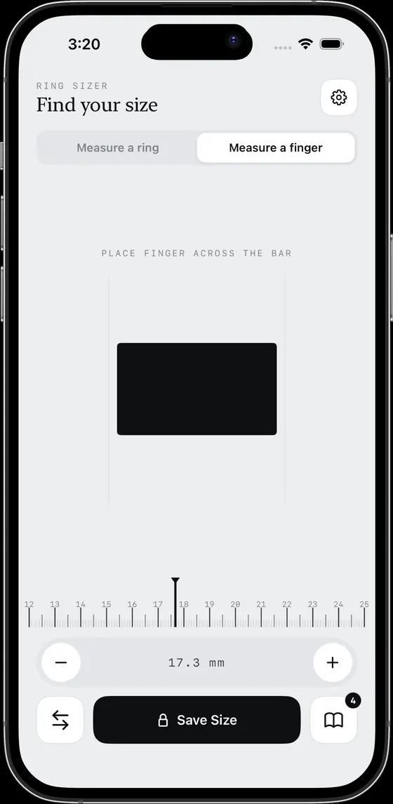 Ring Sizer app finger measurement screen