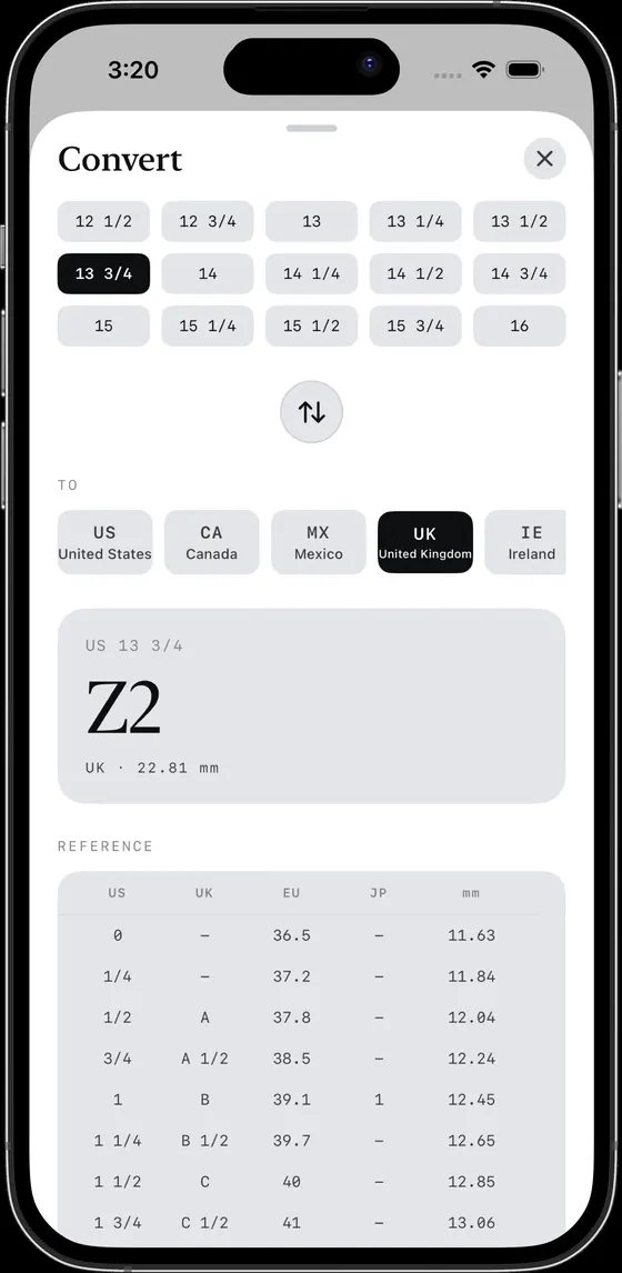 Ring Sizer app converter screen