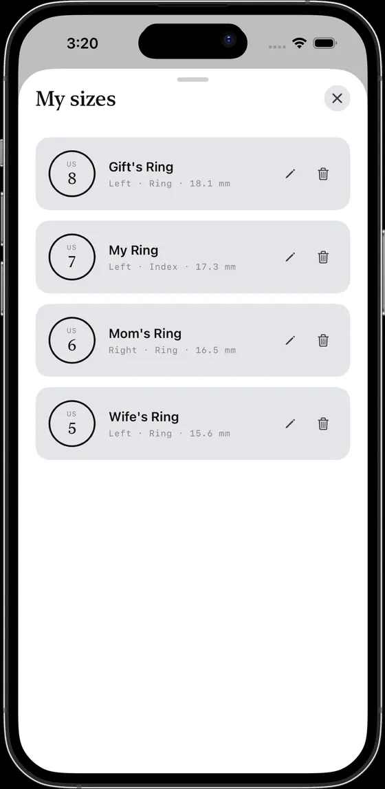 Ring Sizer app saved sizes screen
