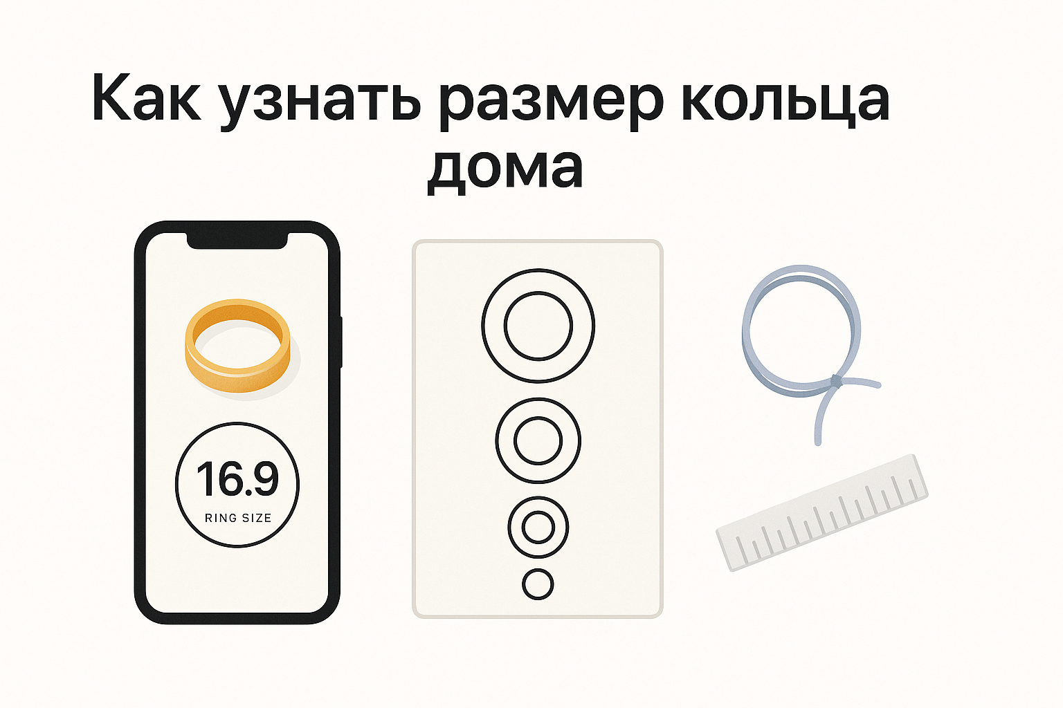 Приложение ring sizer, распечатанная таблица и нитка для измерения размера кольца дома